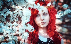 cherry blossom, depth of field, long hair, redhead