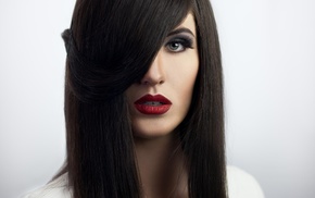 red lipstick, dark hair, covered eyes