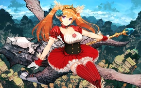 orange hair, original characters, thigh, highs, bow and arrow, anime girls