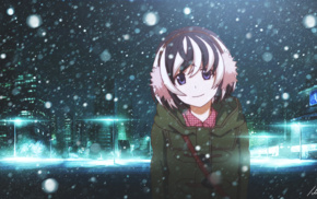 city, winter, night, snow, Monogatari Series, anime
