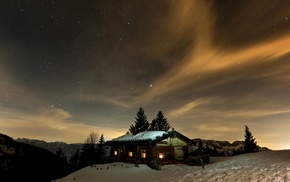 house, hut, snow, stars, winter, sky