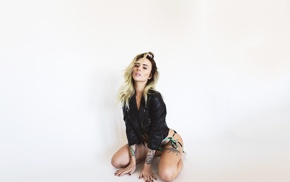 girl, blonde, bikini, tattoos, white background, holding knees