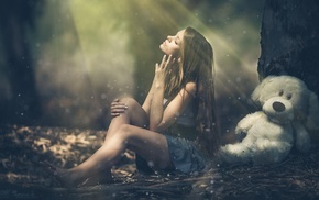 bare shoulders, sparkles, nature, closed eyes, trees, photo manipulation