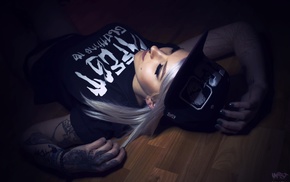 thong, T, shirt, on the floor, tattoos, closed eyes