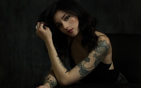 Black clothes, simple background, portrait, tattoo, girl, face