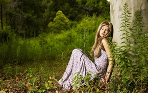 open mouth, closed eyes, long hair, sitting, plants, dress