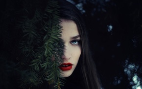 red lipstick, face, winter, open mouth, blue eyes