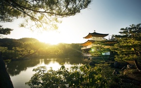pagoda, Kyoto, sunrise, landscape, Japan, lake