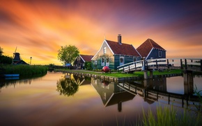 river, house, Netherlands, bridge, sunset, mill
