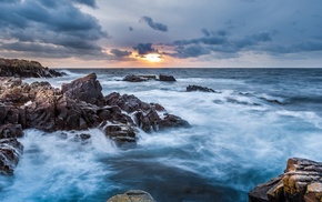 sea, sunset, nature, clouds, long exposure, rock