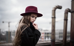 girl, blonde, girl outdoors, hat, Maxim Guselnikov, long hair