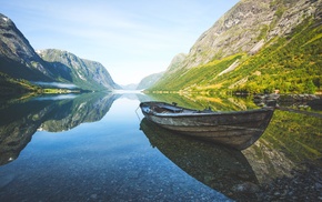 Norway, nature, reflection, mist, calm, boat