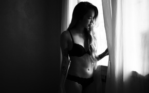 silhouette, Asian, monochrome, girl indoors