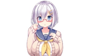 big boobs, glasses, Kantai Collection, looking at viewer, Hamakaze KanColle, anime girls