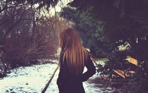girl, winter, brunette, alone, hair