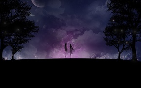 moon, stars, space, trees, couple