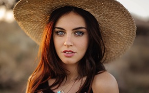 model, blue eyes, Aurela Skandaj, portrait, hat, brunette
