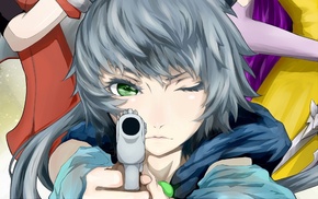 anime, manga, green eyes, gun