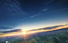 cityscape, sky, sunset, anime