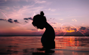 sunset, Pacific Ocean, silhouette, girl