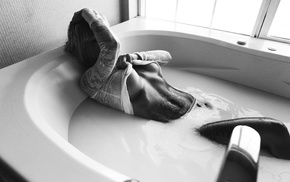 bathtub, girl, monochrome, model