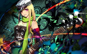 anime girls, bass guitars, anime, hat, pink eyes, original characters