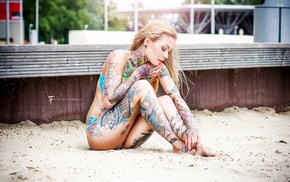 sitting, blonde, tattoos, bikini, sand, girl