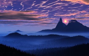 sky, nature, mist, valley, mountain, sunset