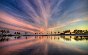 water, nature, reflection, trees, sunset, clouds