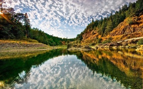 forest, trees, reflection, clouds, water, river