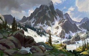 mountain, artwork, snow, drawing, nature