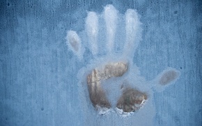 freeze frame, ice, window, water drops, handprints, minimalism