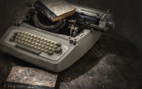 keyboards, walls, old, table, typewriters, books