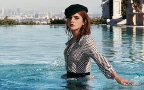 girl, hat, swimming pool, brunette, Emma Watson, actress