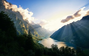 sunset, forest, mountain, sun rays, Alps, nature