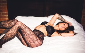in bed, black lingerie, Kristina Chai, model, ass, girl