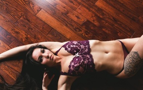 wooden surface, Kristina Chai, girl, tattoo, armpits, lingerie