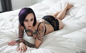 ass, black lingerie, tattoo, girl, in bed