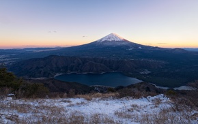 Japan, snowy peak, sunset, lake, volcano, shrubs