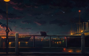 sunset, stars, ship, cat, cityscape, railing