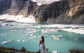 mountain, ice, lake, girl