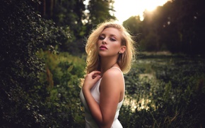 portrait, blonde, girl, white dress