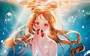 underwater, anime girls, red eyes, apples, original characters, nude