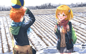 orange hair, school uniform, yellow eyes, ball, Hinata Shouyou, anime boys