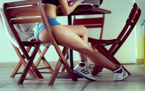 girl, sitting, sneakers, table, ass, tattoo