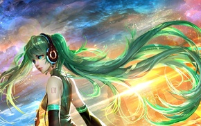 headphones, Hatsune Miku, Vocaloid, girl, green hair, long hair