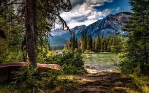 landscape, forest, lake, pine trees, boat