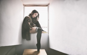 girl, window, socks, model