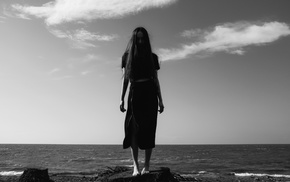 beach, silhouette, girl outdoors, monochrome, photography, nature