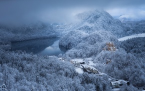 winter, architecture, lake, village, morning, clouds